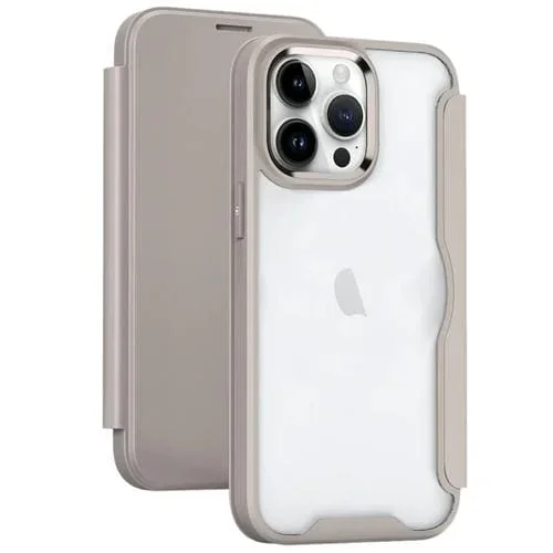 Funda para iPhone 15 Pro Cuero con Tapa Adsorción y Bloqueo Rfid (Caqui)