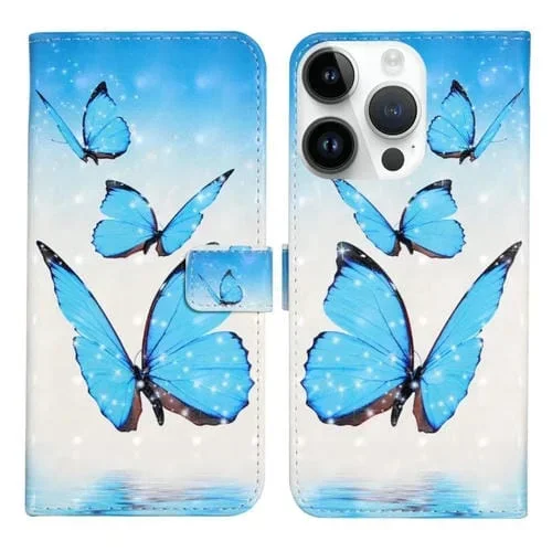 Funda para iPhone 15 Pro Cuero Dibujo 3D Relieve al Óleo (3 Mariposas)