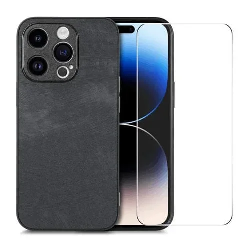 Funda para iPhone 15 Pro Enkay Retro Leather Skin PC con Película de Vidrio Aluminio y Silicio (Negro)