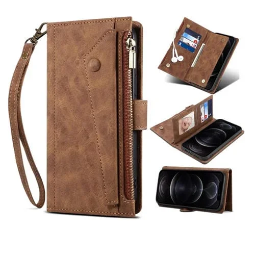 Funda para iPhone 15 Pro Eseble Retro Frosted Rfid Flip de Cuero (Marrón)