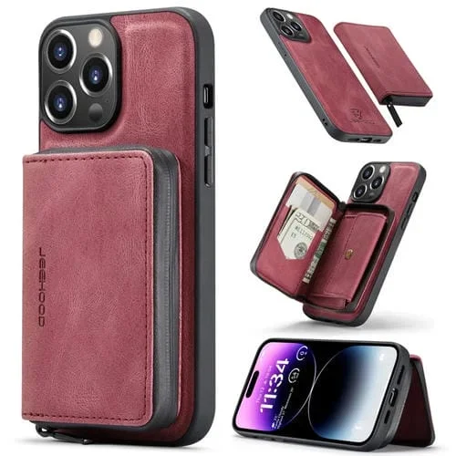 Funda para iPhone 15 Pro Jeehood Cuero con Billetera y Cremallera Magnética (Rojo)