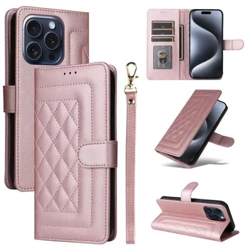 Funda para iPhone 15 Pro Max Diamond Lattice de Cuero con Tapa (Oro Rosa)