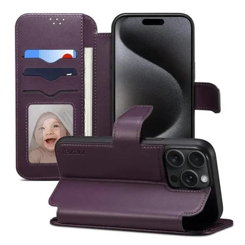 Funda para iPhone 15 Pro Max Eseble E1 Nappa Texture Magsafe Cuero con Soporte (Púrpura Oscuro)