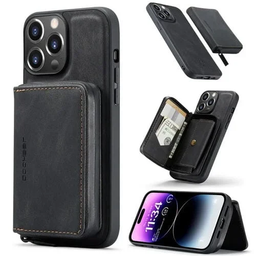 Funda para iPhone 15 Pro Max Jeehood de Cuero con Billetera y Cremallera Magnética (Negro)