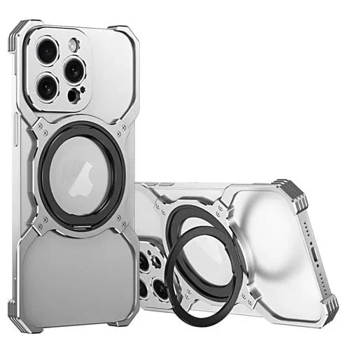 Funda para iPhone 15 Pro Max Metal con Soporte Magsafe sin Bordes y Brazo Mecánico (Plateado)