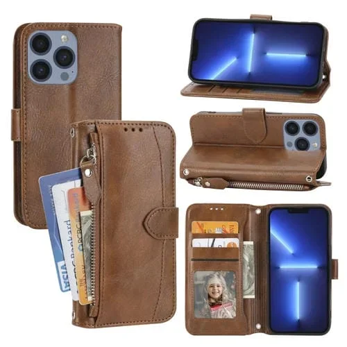 Funda para iPhone 15 Pro Oil Skin Zipper Wallet de Cuero para Teléfono (Marrón)