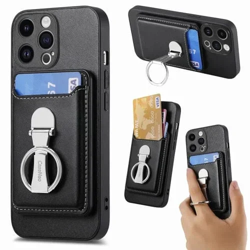 Funda para iPhone 15 Pro Skin Feel Ring Holder Wallet Magnética (Negro)