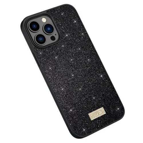 Funda para iPhone 15 Pro Sulada Glittery PC + TPU + Cuero Hecha a Mano (Negro)