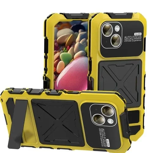 Funda para iPhone 15 R-Just Metal + Silicona + Estuche Impermeable Life Vidrio Templado con Soporte (Amarillo)