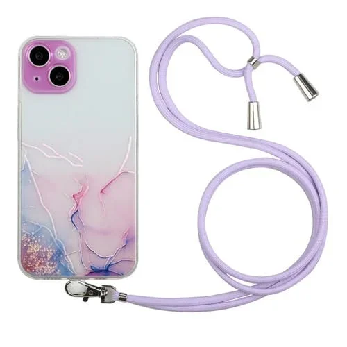 Funda para iPhone 15 TPU Patrón de Mármol Hueco a Prueba de Golpes con Cuerda (Rosa)