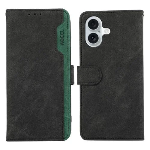 Funda para iPhone 16 Abeel Color Block Cuero Magnética Rfid (Negro-Verde)