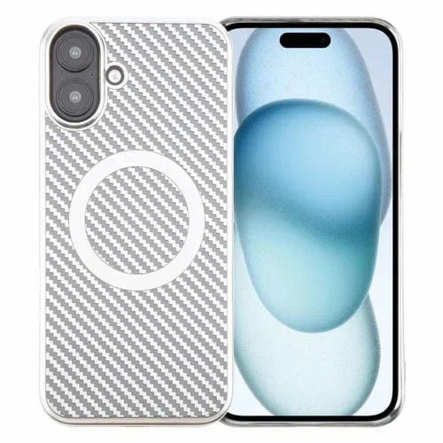 Funda para iPhone 16 Carcasa PC Fibra de Carbono Transparente Revestimiento Magsafe 6D (Plata Starlight)