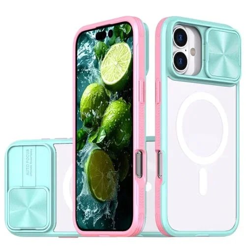 Funda para iPhone 16 con Cubierta Deslizante Acrílico Transparente PC TPU Lente Magsafe (Azul y Rosa)