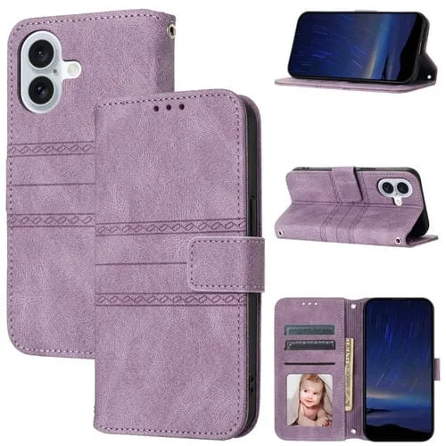 Funda para iPhone 16 Cuero Sensación de Piel Rayas en Relieve (Púrpura Claro)