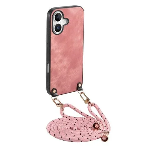 Funda para iPhone 16 de Cuero Vintage con Parte Trasera de Policarbonato y Correa Cruzada (Rosa)