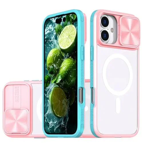 Funda para iPhone 16 Plus con Cobertura Total Cubierta Deslizante Lente Magsafe (Rosa + Cian)