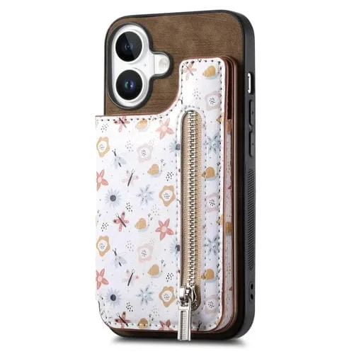 Funda para iPhone 16 Plus con Cremallera en la Parte Trasera y Diseño Retro (Marrón)