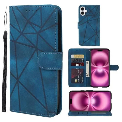Funda para iPhone 16 Plus Cuero Líneas Geométricas Tacto Agradable (Azul)
