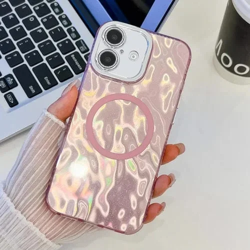 Funda para iPhone 16 Plus Textura Enchapada y Película de Lente con Purpurina (Arrugas Rosas)