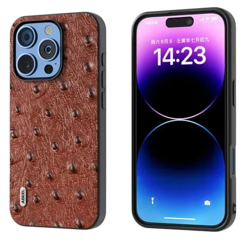 Funda para iPhone 16 Pro Abeel Textura de Avestruz Cuero Genuino (Café)