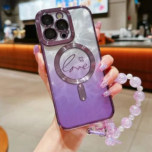 Funda para iPhone 16 Pro con Purpurina y Degradado de Plumas y Doble Amor con Magsafe (Morado)