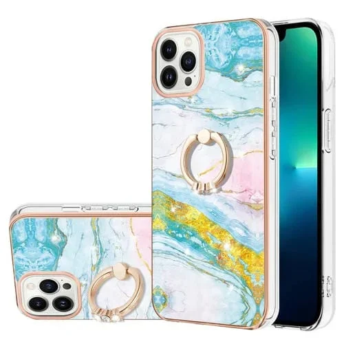 Funda para iPhone 16 Pro con Soporte para Anillo y Revestimiento Mármol Imd TPU (Verde)