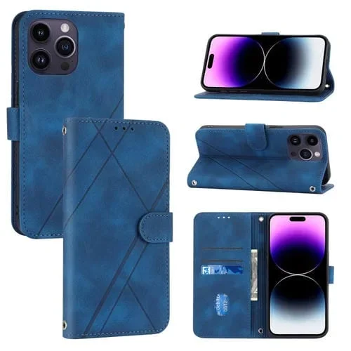 Funda para iPhone 16 Pro Cuero Línea en Relieve con Cordón (Azul)