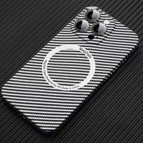 Funda para iPhone 16 Pro Fibra de Carbono con Imán Magsafe para PC y Película para Lentes (Blanco Plateado)