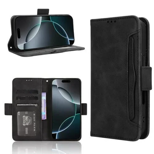 Funda para iPhone 16 Pro Max con Textura de Piel de Becerro y Ranuras para Tarjetas (Negra)