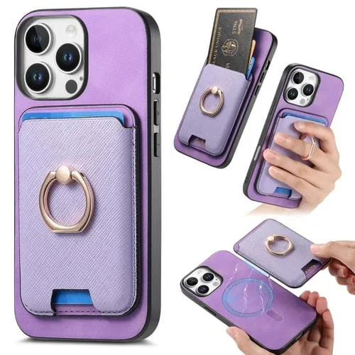 Funda para iPhone 16 Pro Piel Estilo Retro con Tarjetero Cierre Cremallera Atril (Morado)