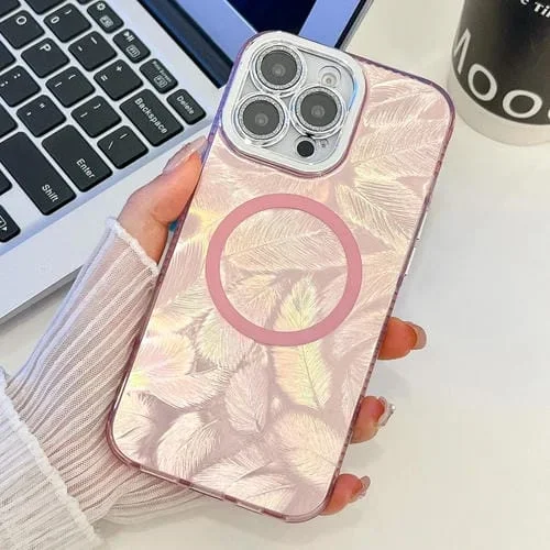 Funda para iPhone 16 Pro Textura Enchapada y Película de Lente Purpurina (Plumas Rosas)