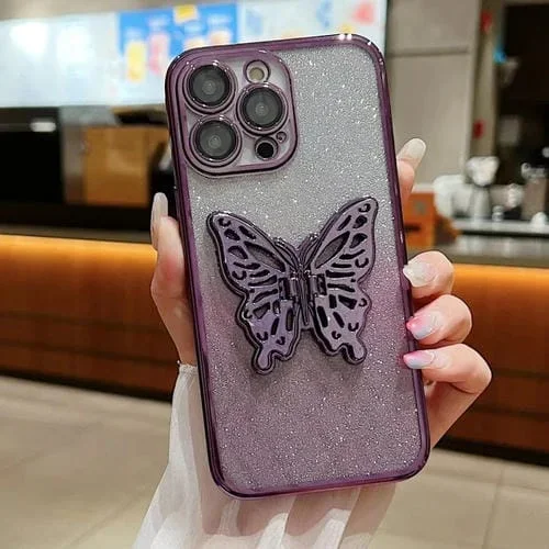 Funda para iPhone 16 Pro TPU con Purpurina Degradada Galvanizada y Mariposa 3D (Morado Degradado)