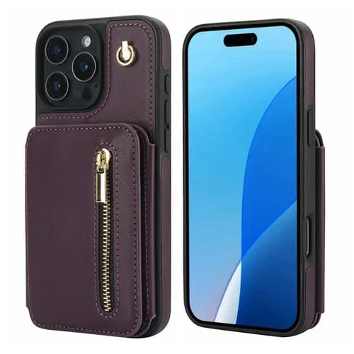 Funda para iPhone 16 Pro Ym006 con Cremallera y Doble Cordón (Morado Oscuro)