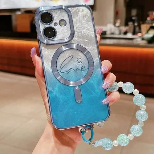 Funda para iPhone 16 Purpurina Degradado Plumas Doble Amor con Magsafe (Azul)