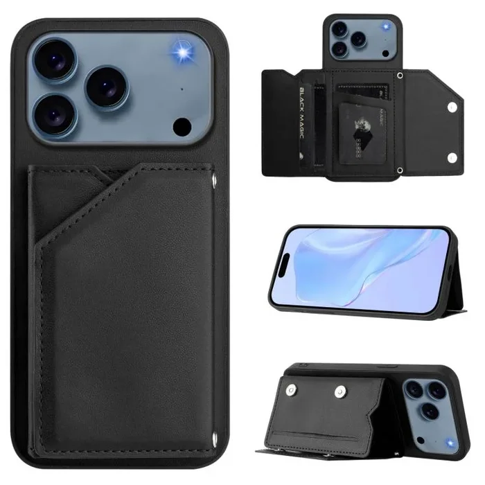 Funda para iPhone 17 Pro con cuatro ranuras para tarjetas y correa para la muñeca (negra)