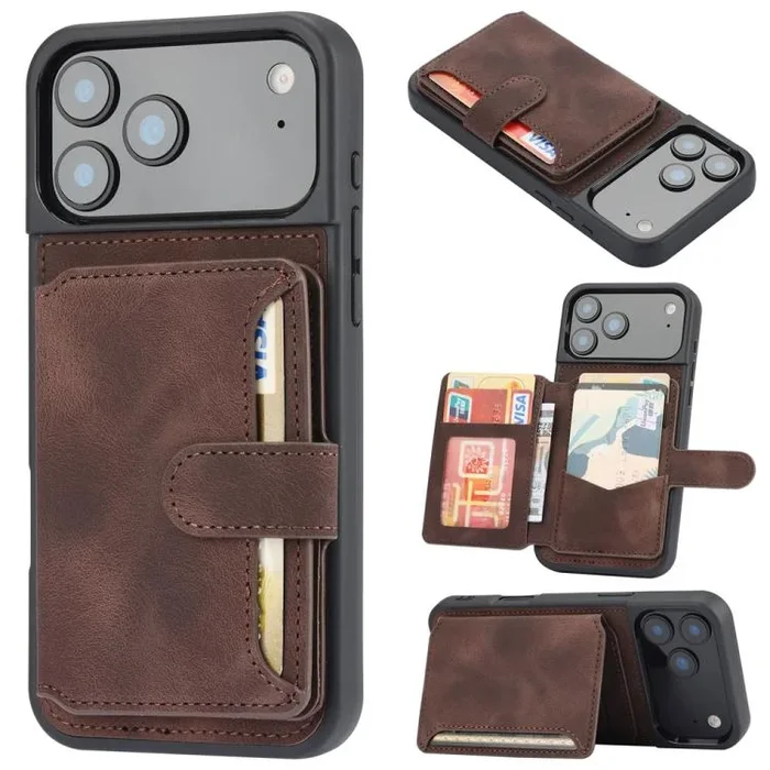 Funda para iPhone 17 Pro con tarjetero RFID antirrobo de PU (color café)