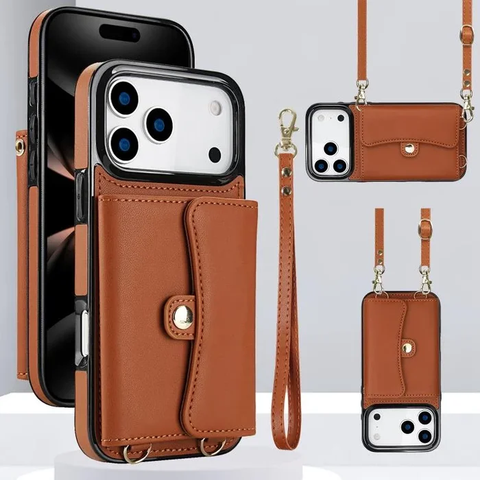 Funda para iPhone 17 Pro Max con ranura para tarjeta RFID y cordón largo (marrón)