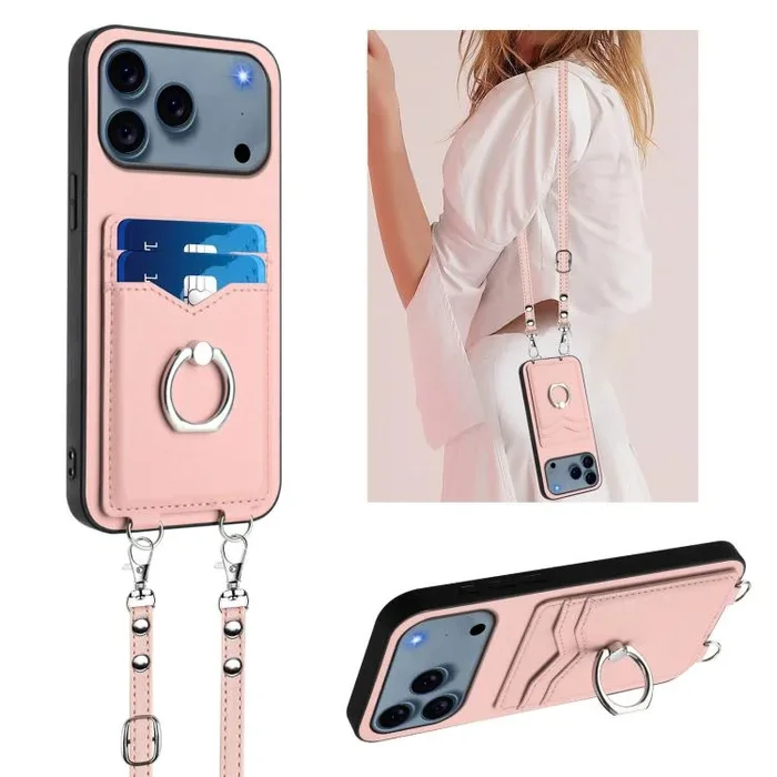 Funda para iPhone 17 Pro R20 con anilla cruzada y tarjetero (rosa)