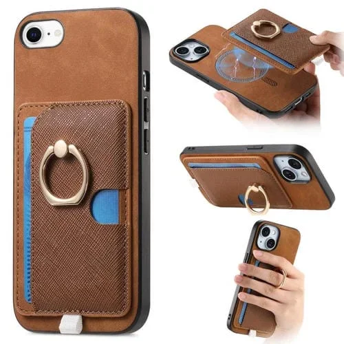 Funda para iPhone 7/8/Se 2022 con Ranuras para Tarjetas Diseño Retro Cruz Anillo Lateral (Marrón)