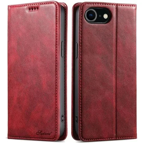 Funda para iPhone 7/8/SE 2022 Suteni J02 Cuero con Billetera de Cera de Aceite (Rojo)