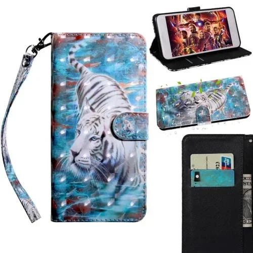 Funda para iPhone 7/8 TPU y Cuero PU con Soporte, Ranuras y Patrón 3D Dibujo Coloreado (Tiger)