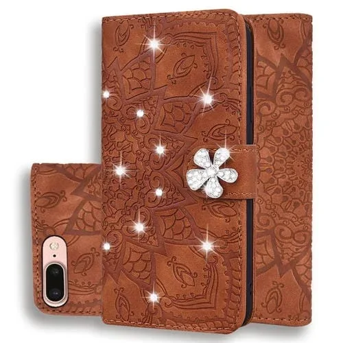 Funda para iPhone 7 Plus y 8 Plus Patrón Pantorrilla Diamond Mandala Cuero En Relieve Diseño Plegable Doble Billetera Soporte Ranuras (Marrón)
