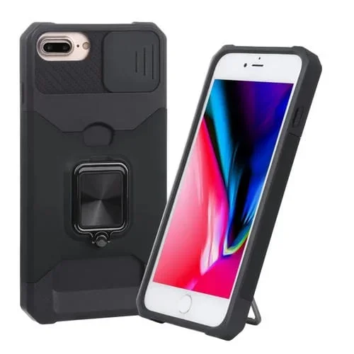 Funda para iPhone 8 Plus 7 Plus 6S Plus 6 Plus PC TPU con Cámara Deslizante Soporte Anillo Ranura Tarjeta (Negro)