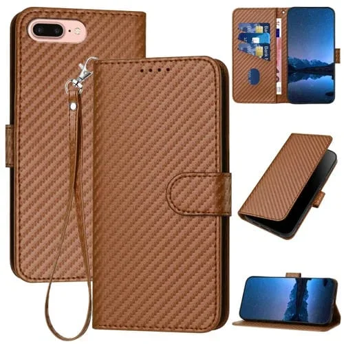 Funda para iPhone 8 Plus/7 Plus Yx0070 de Cuero con Hebilla de Fibra de Carbono y Cordón (Café)