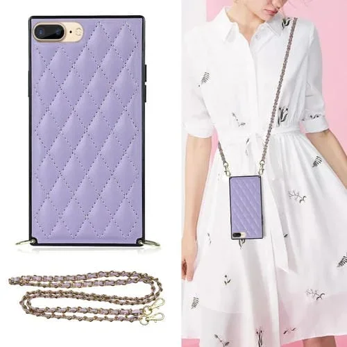 Funda para iPhone 8 Plus y 7 Plus Cuero Microfibra Patrón Rombico Caja TPU Correa Cruz (Púrpura)