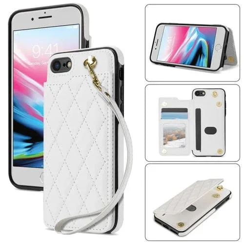 Funda para iPhone SE 2022/2020/8/7 con Ranuras para Tarjetas y Hebilla Doble Rombal y Cordón (Blanco)