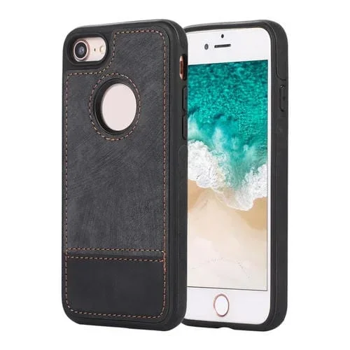 Funda para iPhone SE 2022/2020/8/7 Empalme Costura Caja de Teléfono de PU con Recorte (Negro)