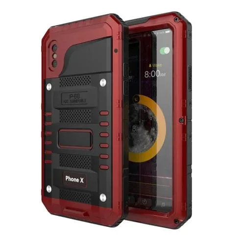 Funda para iPhone X Xs Aleación de Zinc Resistente Agua Polvo Golpes con Silicona (Rojo)