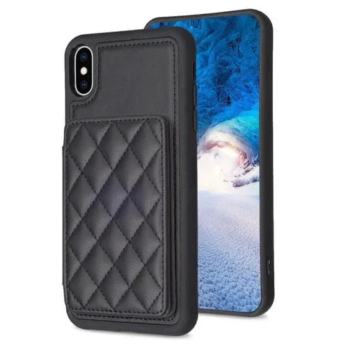 Funda para iPhone X Xs Bf25 Square Plaid Card Bag Holder Phone Case (Negro)