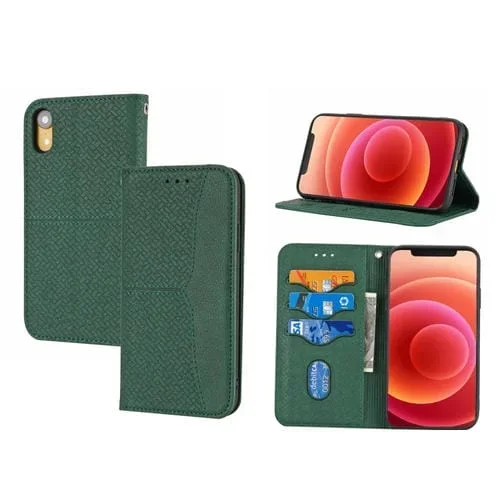 Funda para iPhone X Xs Cuero de Pu Textura Tejida Tapa Horizontal Magnética Soporte Ranuras Tarjetas Billetera Cordón (Verde)